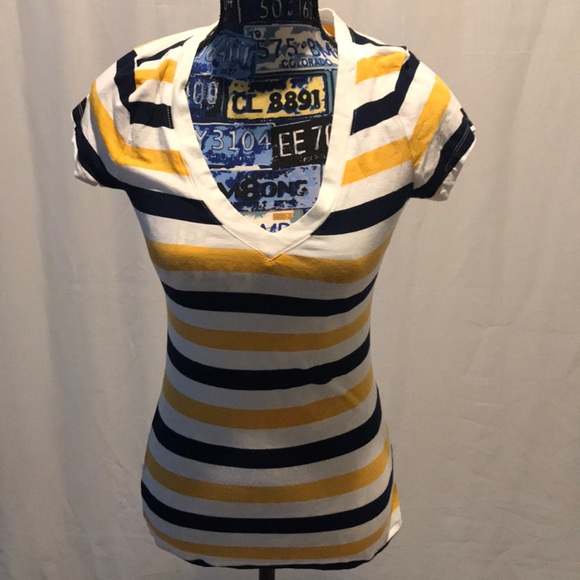 Tops - Yellow white blue striped T-shirt